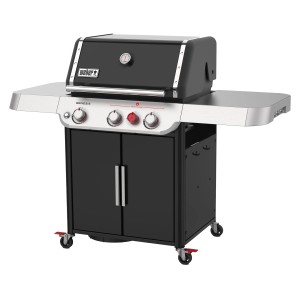 Weber Genesis E-325S Gasgrill mit 3 Brennern und Sear Zone, schwarz. Grillwagen mit Seitentisch und Unterschrank.