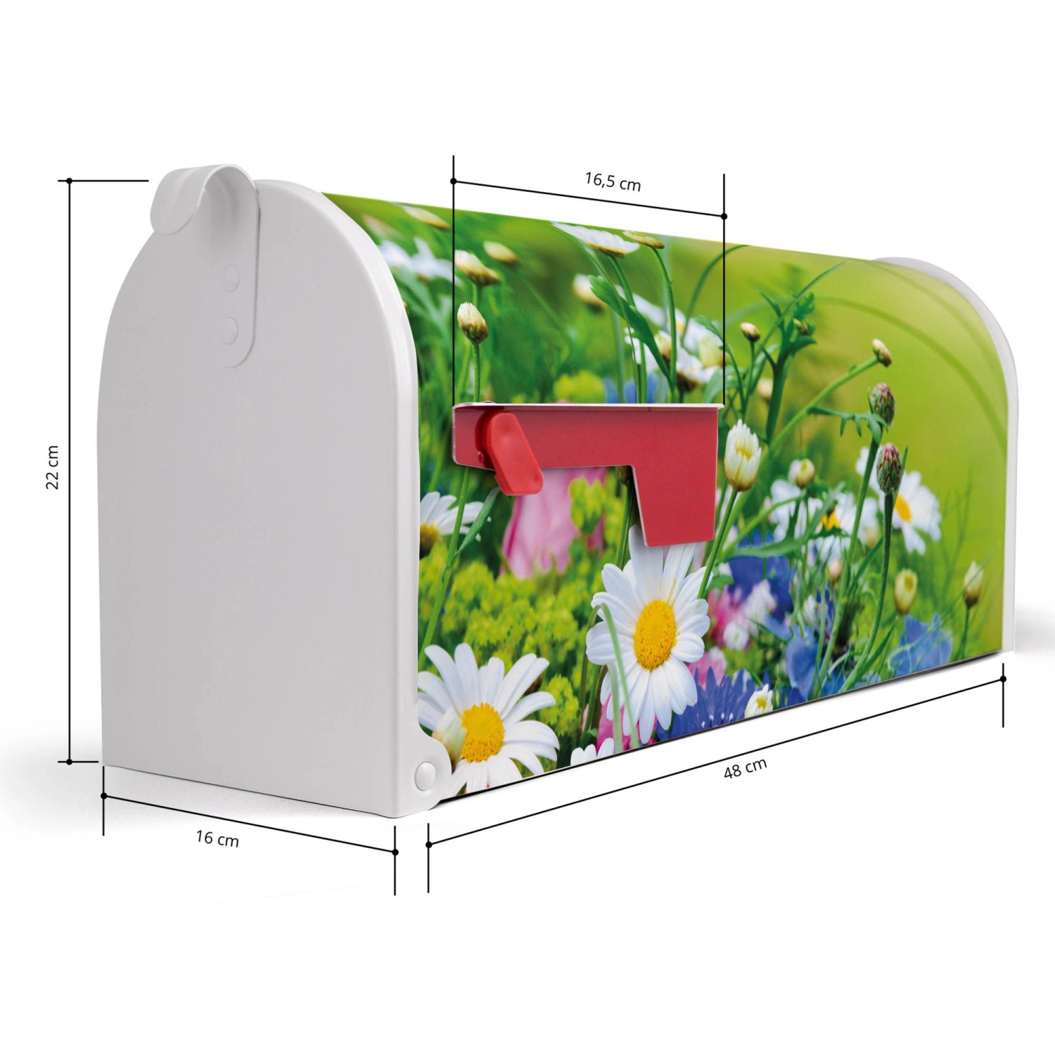 Weißer US-Briefkasten mit Blumenmotiv. Stahl, pulverbeschichtet, 48x22x16cm.