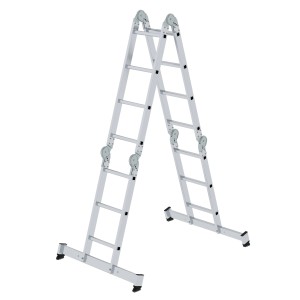 PROREGAL 4-teilige Vielzweckleiter aus Aluminium mit Traverse und Holzbelag als Stehleiter.