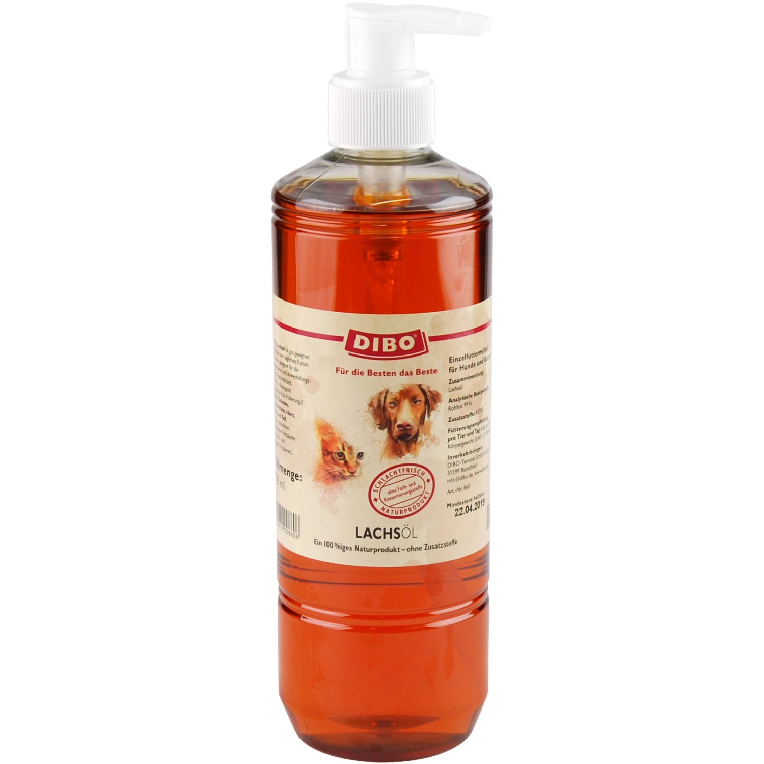 Dibo Hunde- und Katzen-Ergänzungsfutter Lachsöl mit Pumpe 500 ml