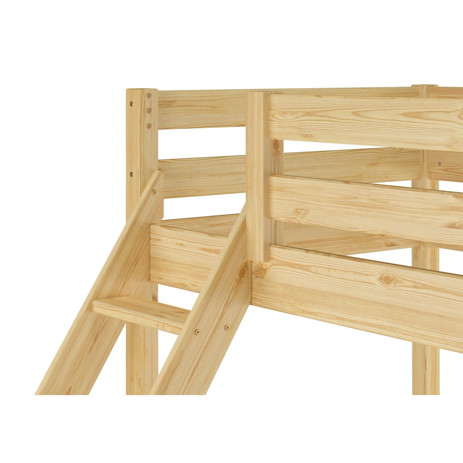 Detailaufnahme: Naturfarbenes Kiefer Doppel-Etagenbett mit Leiter. Ideal für Kinder und Erwachsene.