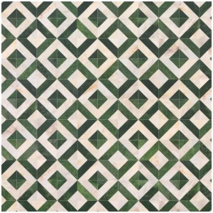 Muster des PVC-Bodenbelags Primaflor Twilight Grade mit grün-weißem Fliesenmuster.
