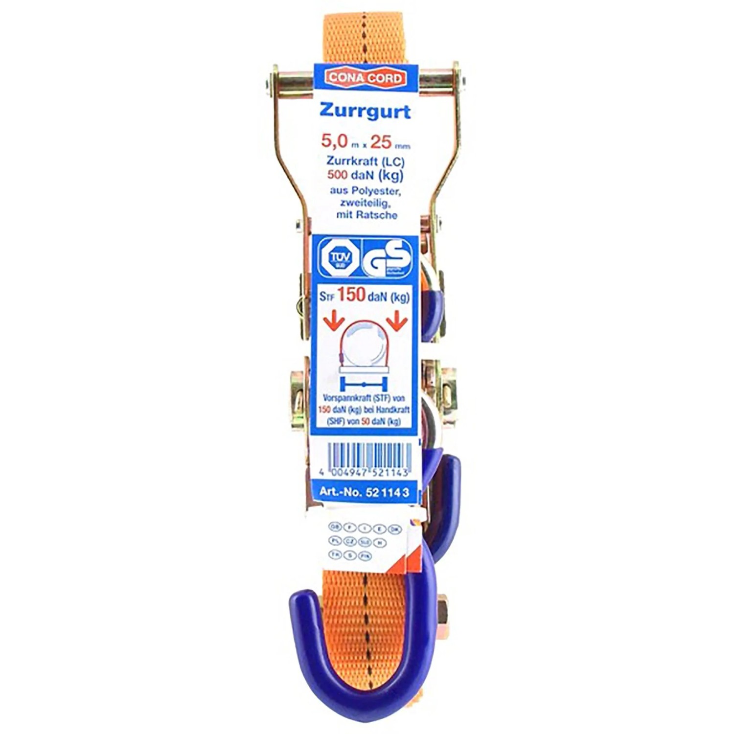 Blauer Conacord Spanngurt Pro, 5 m lang, mit Ratsche und 2 S-Haken, geeignet für Lasten bis 500 kg.
