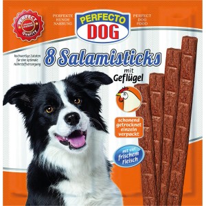 Perfecto Dog Salami-Snack mit Geflügel, 8 Stück. Hunde-Snack für Belohnung.