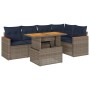 Graue 6-tlg. vidaXL Garten-Sofagarnitur aus Rattan mit marineblauen Kissen und höhenverstellbarem Tisch.
