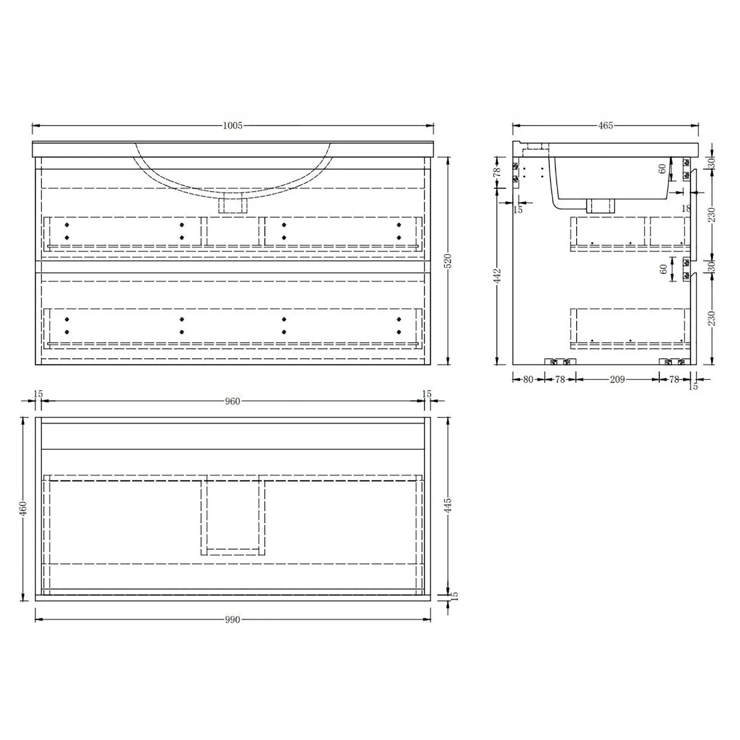 Technische Zeichnung Duschparadies Waschbeckenunterschrank Y244X. Front-, Seiten-, Draufsicht mit Maßen und 2 Schubladen.