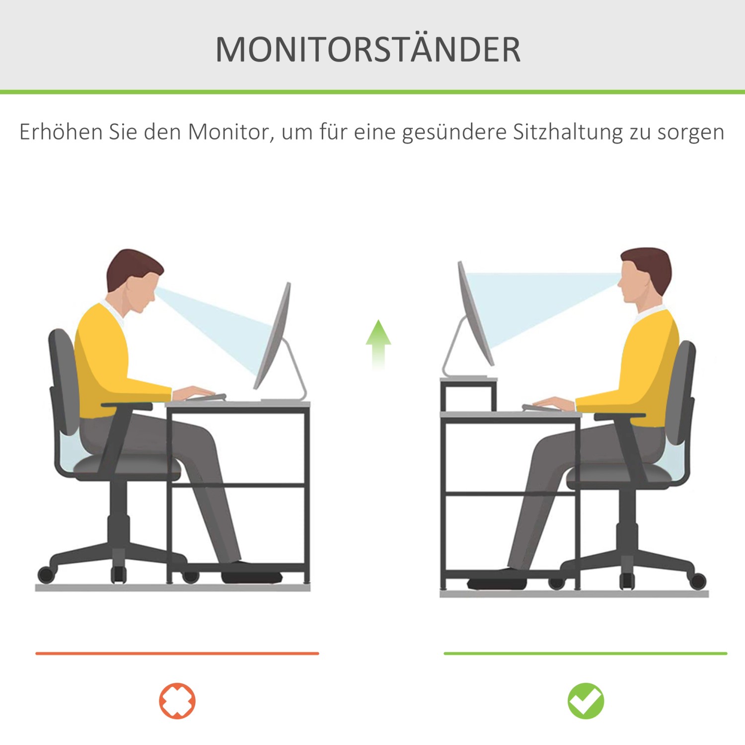 Illustration: Monitorständer für ergonomische Sitzhaltung am Schreibtisch.