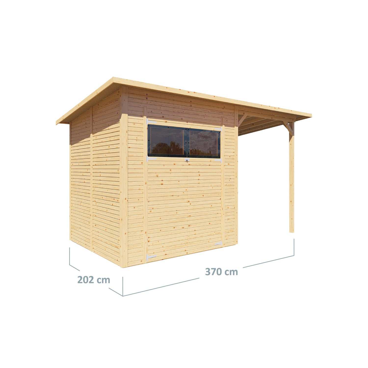 Bertilo Gerätehaus Pent Modern 3 Plus aus Holz, naturbelassen mit Anbau und Fenster.