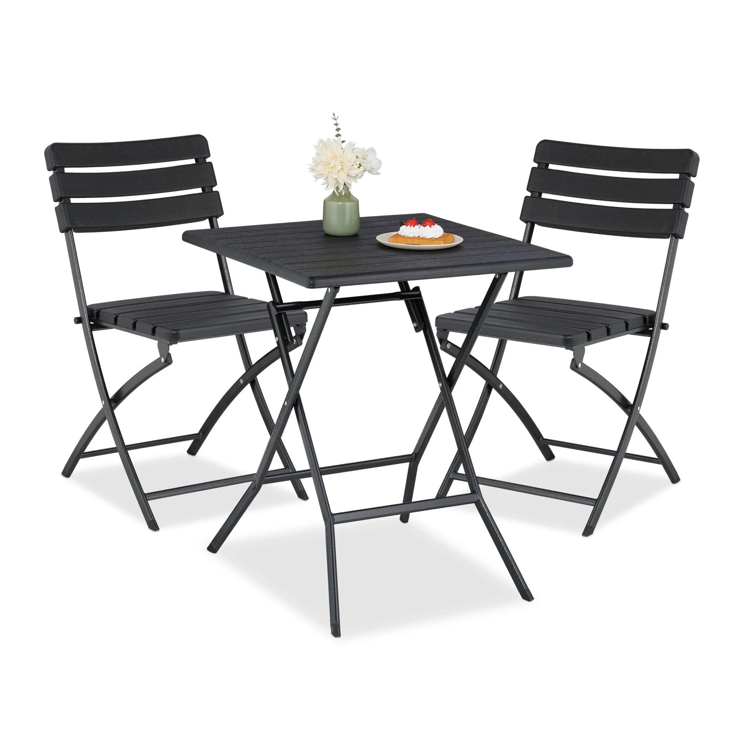 Relaxdays Balkonmöbel Set Dreiteilig Stahl und Kunststoff Schwarz Holzoptik Klappbar 74 cm x 61 cm x 61 cm
