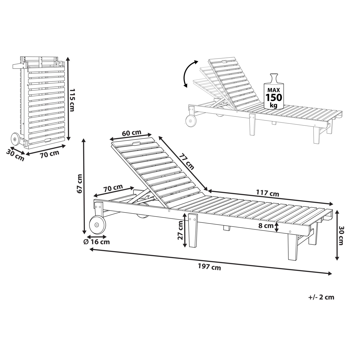 Skizze der hellen Holzfarbenen Beliani Gartenliege mit Maßen und Details zur Verstellbarkeit.