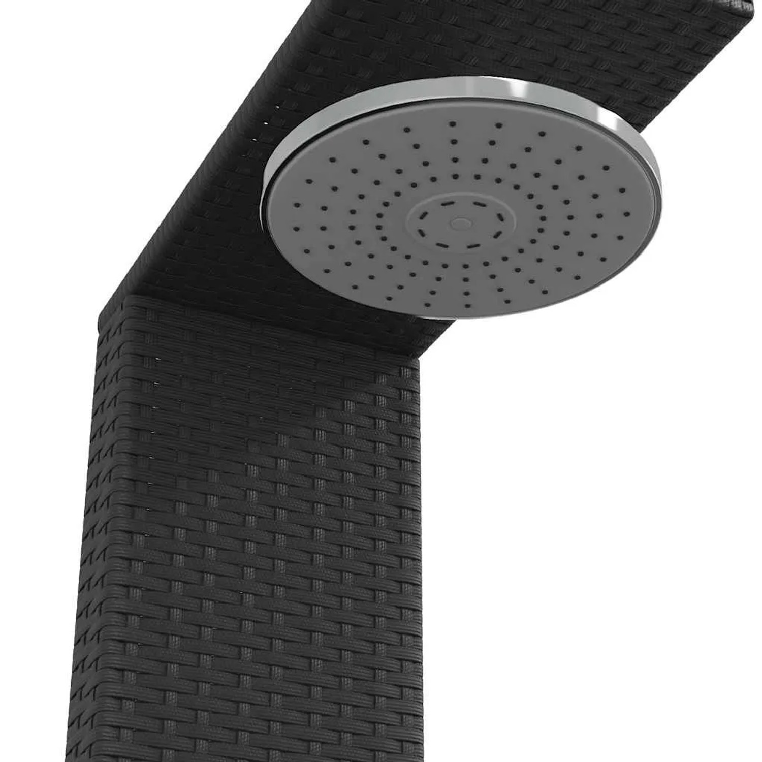 Schwarze vidaXL Gartendusche aus Poly Rattan und Akazienholz mit runder Brause.