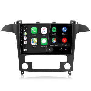 Schwarzes Junsun Autoradio für Ford S-Max mit großem Touchscreen, zeigt CarPlay & Android Auto Apps.
