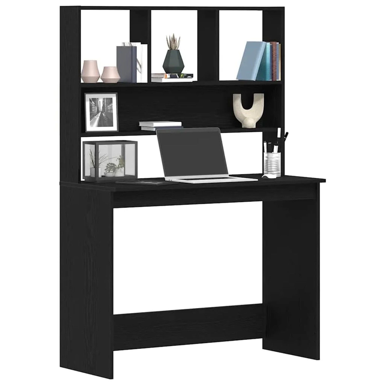 Schreibtisch mit Regalen, Schwarz Eichen-Optik, 102x45x148 cm. Bürotisch mit Ablagefächern.