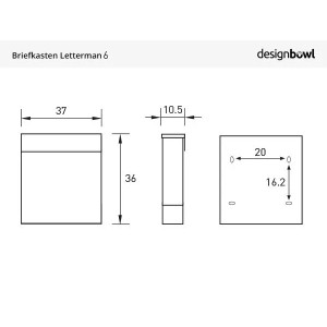 Skizze des Radius Design Letterman 6 Briefkastens in Anthrazit mit Maßangaben.