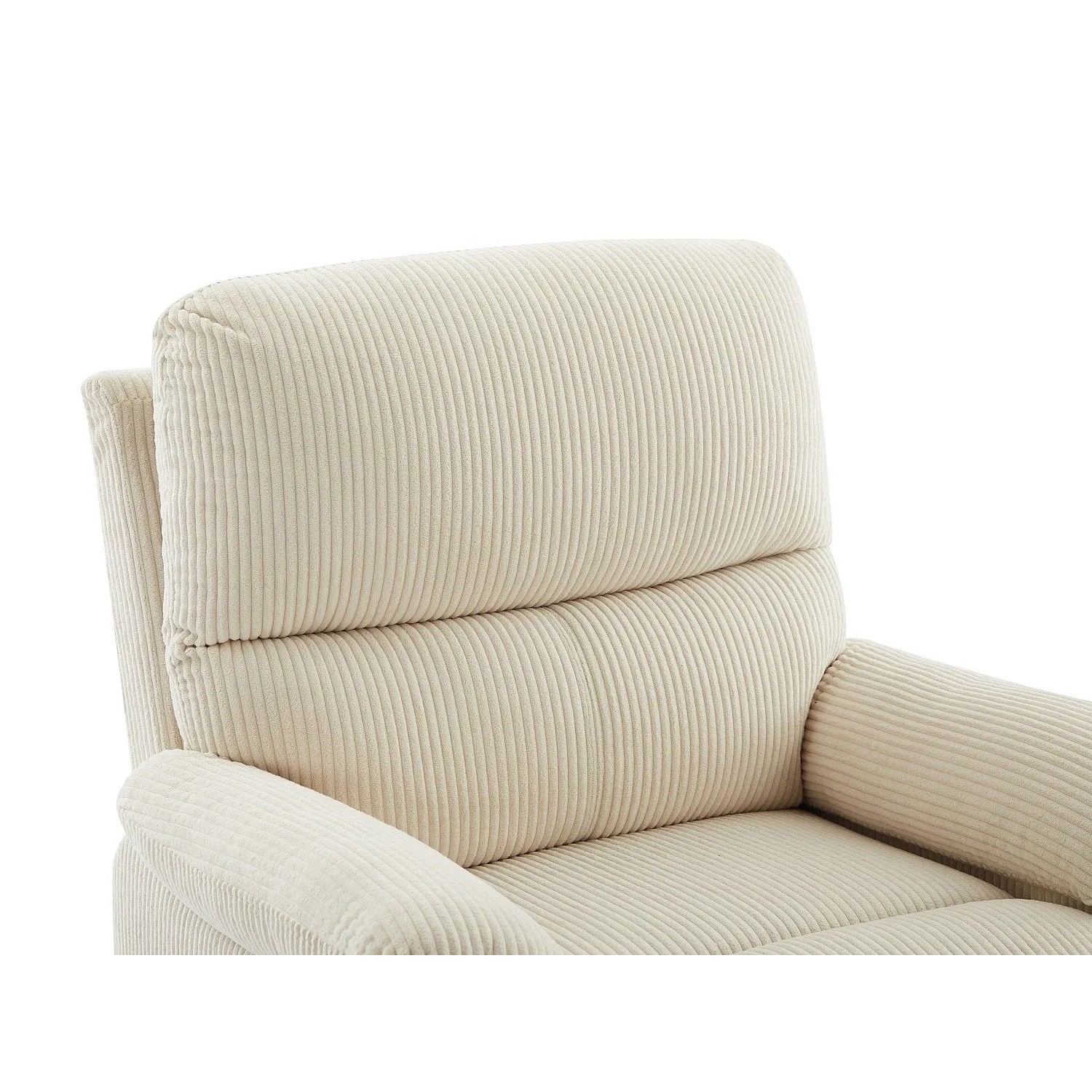 Beiger Vente-unique Relaxsessel Lunano aus Ripsstoff. Detailansicht der gepolsterten Rückenlehne und Armlehne.