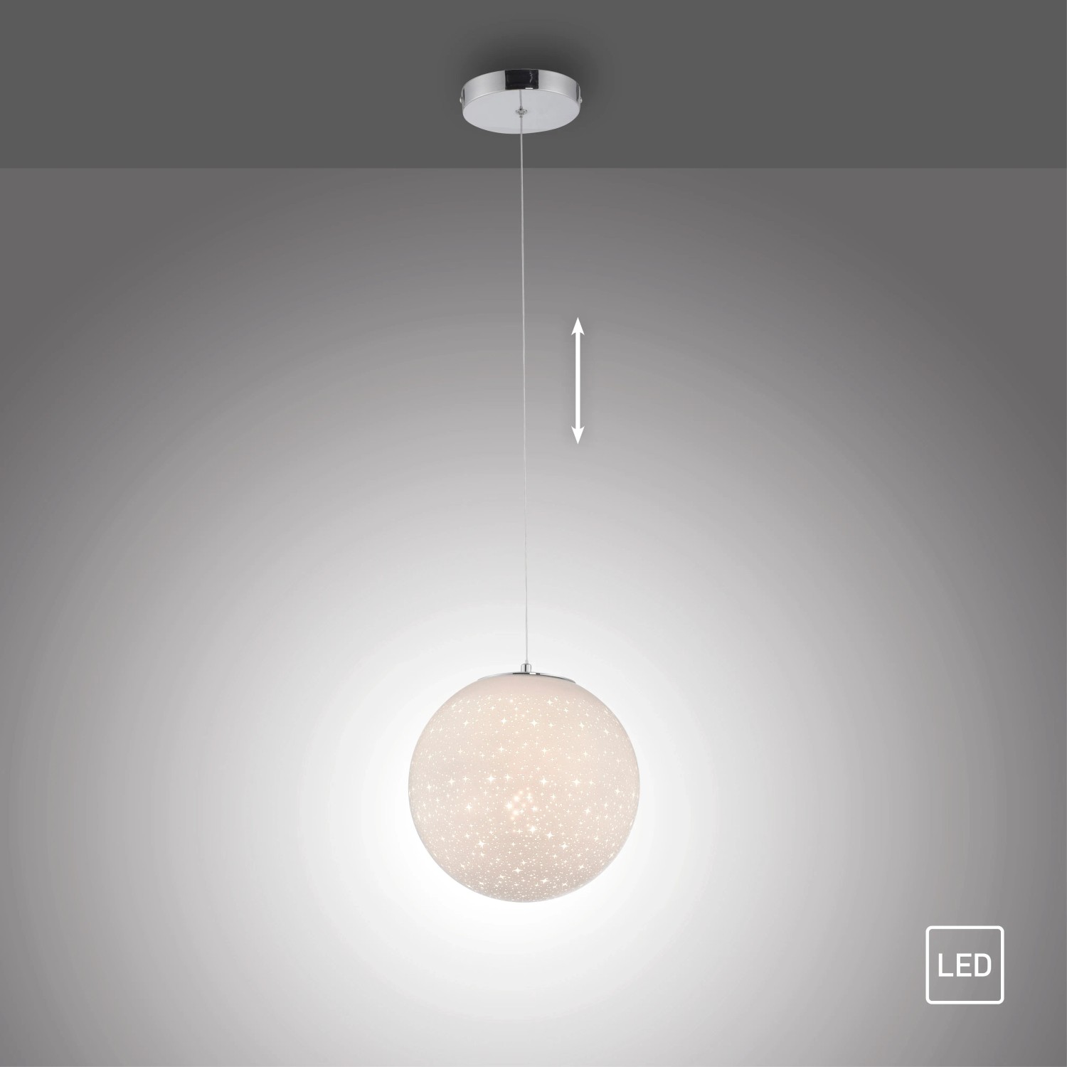 Paul Neuhaus LED-Pendelleuchte Bolo, 1-flammig, Chrom, mit Sternenhimmel-Optik und Höhenverstellung.
