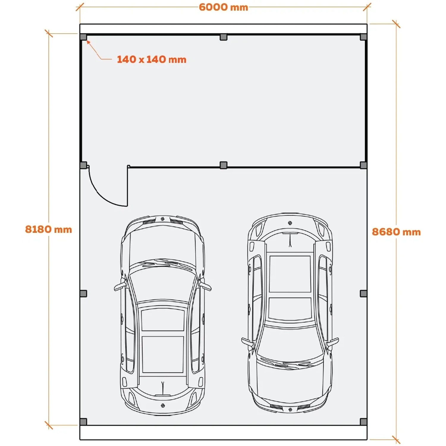 Skizze Doppelcarport Ralf mit Geräteraum: Maße 600x868cm, Leimholz, hohe Dachlast.