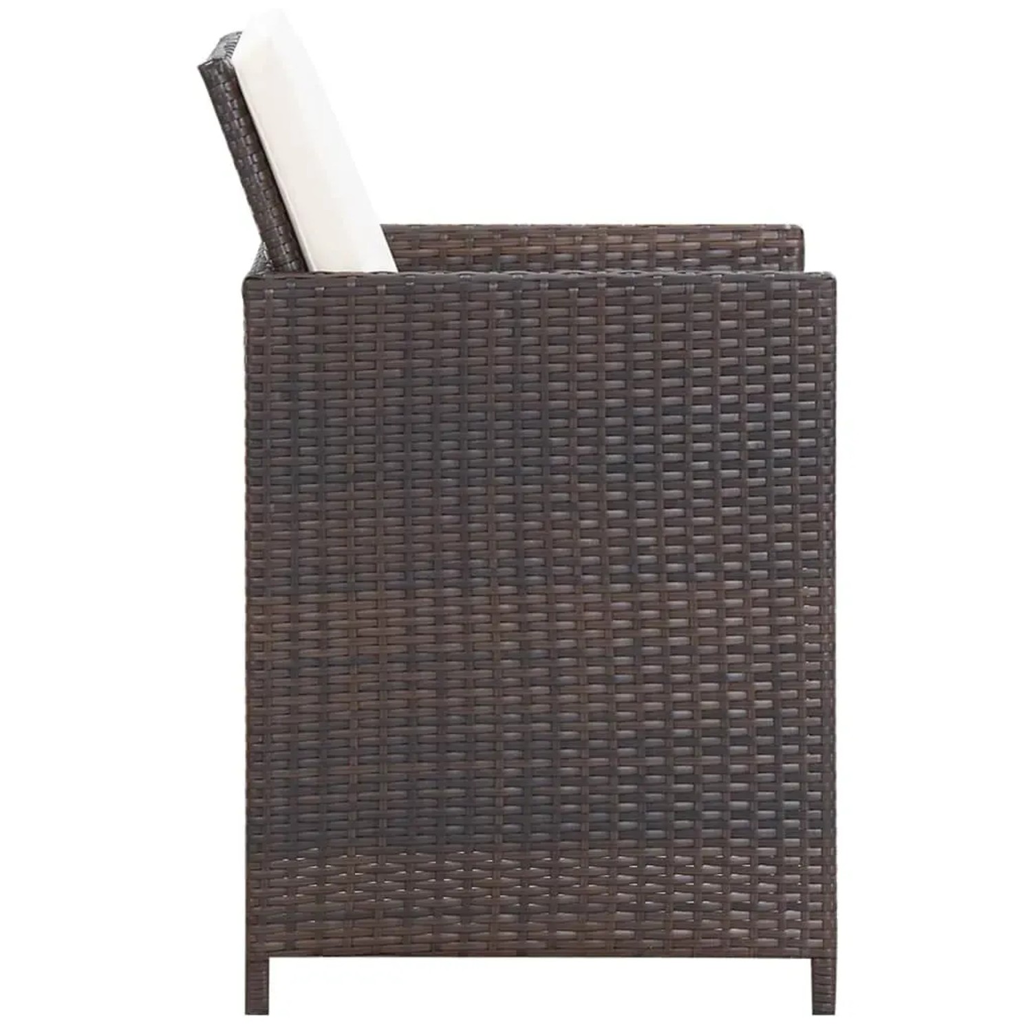 Detailansicht: Brauner Rattan-Stuhl mit cremefarbenem Polster aus der vidaXL Garten-Essgruppe.
