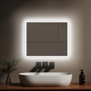 Beleuchteter Emke LED Badspiegel, 50x60 cm, mit Antifog und Kippschalter für Kalt- und Warmweiß.