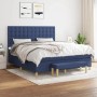 Blaues Boxspringbett (180x200 cm) mit Matratze, Kopfteil und Bank. Stoffbezug, gestepptes Kopfteil.
