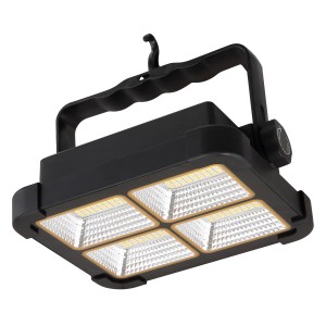 Schwarze Globo Solarleuchte aus Kunststoff, Ø 14,5 cm, mit Tragegriff und vier LED-Feldern.