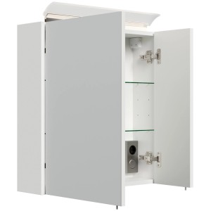 Posseik Spiegelschrank weiß hochglanz, 60 cm, offene Türen, LED-Lampe, Glasböden, Steckdose.
