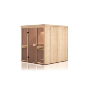 Finntherm Sauna Karina 1825 aus Fichte, naturbelassen mit Glastür und Saunaliegen.