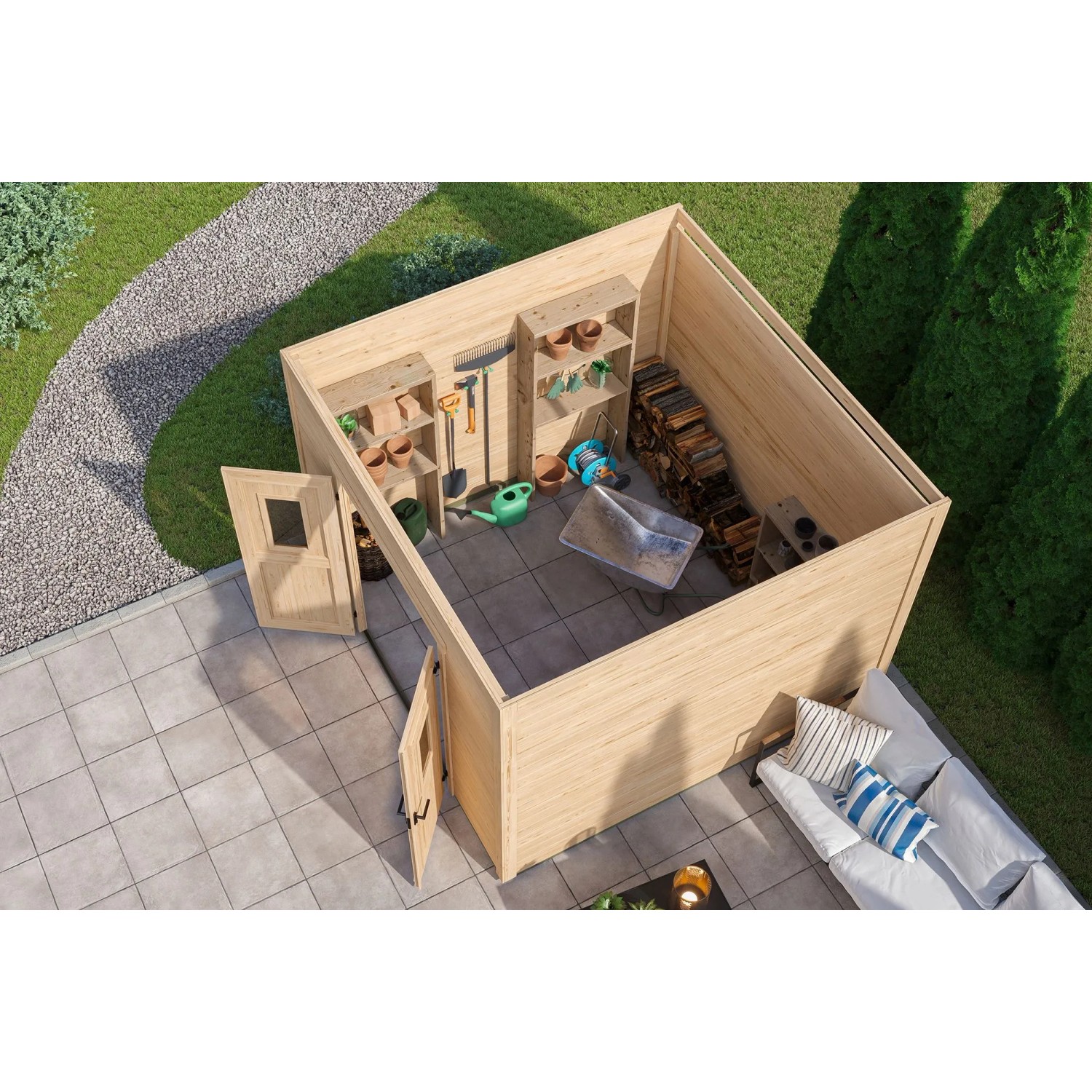 Lasita Gartenhaus Felix 3, unbehandelt, 300x300 cm. Holzgartenhaus mit Doppeltür und Regalen, zur Aufbewahrung von Gartengeräten.