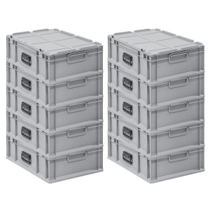 PROREGAL Spar Set: 10 graue Euroboxen Nextgen Portable, 34 Liter, gestapelt.