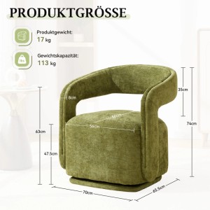 Grüner Chenille Loungesessel, 360° drehbar, mit Maßen. Bequemer Drehsessel für Wohnzimmer, 17 kg Gewicht, 113 kg Tragkraft.