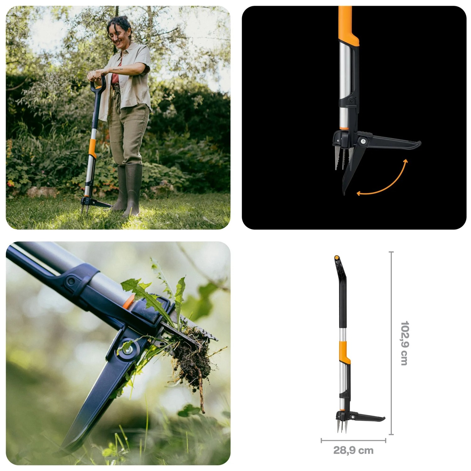 Fiskars Unkrautstecher X-Series: Ergonomischer Unkrautentferner mit orangem Griff und Edelstahlklauen zur Bodenbearbeitung.