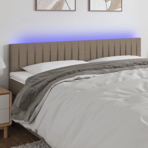 Taupefarbenes Stoff-Kopfteil mit vertikalen Falten und blauer LED-Beleuchtung für Betten im Schlafzimmer.