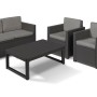 Allibert Victoria Monaco Loungeset, 4-teilig, anthrazitfarben mit Tisch, Sessel und 2-Sitzer Sofa.