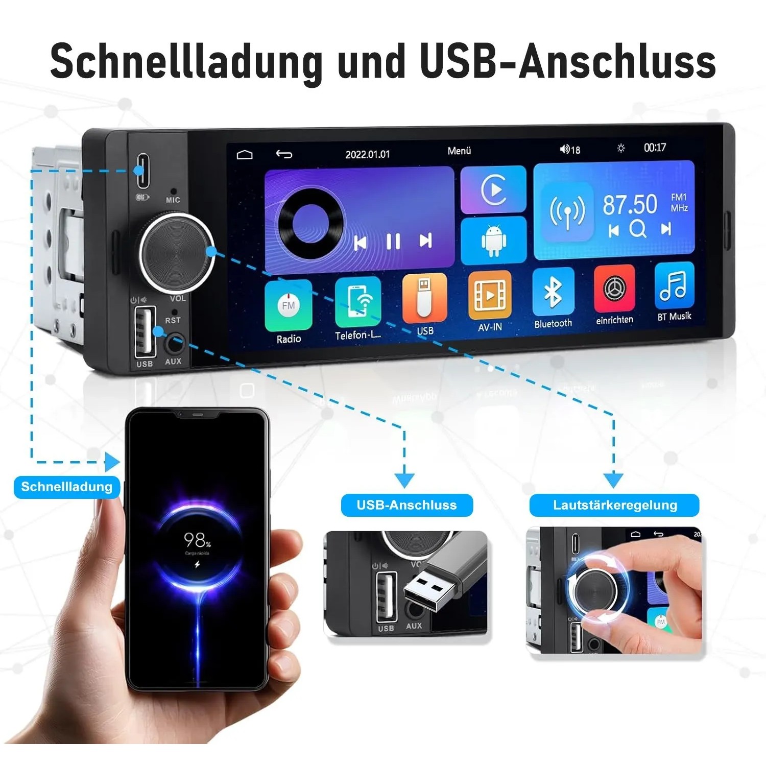 Junsun 6.3 Zoll Autoradio mit CarPlay, Android Auto, USB-Schnellladung und Lautstärkeregler. Autoelektrik.
