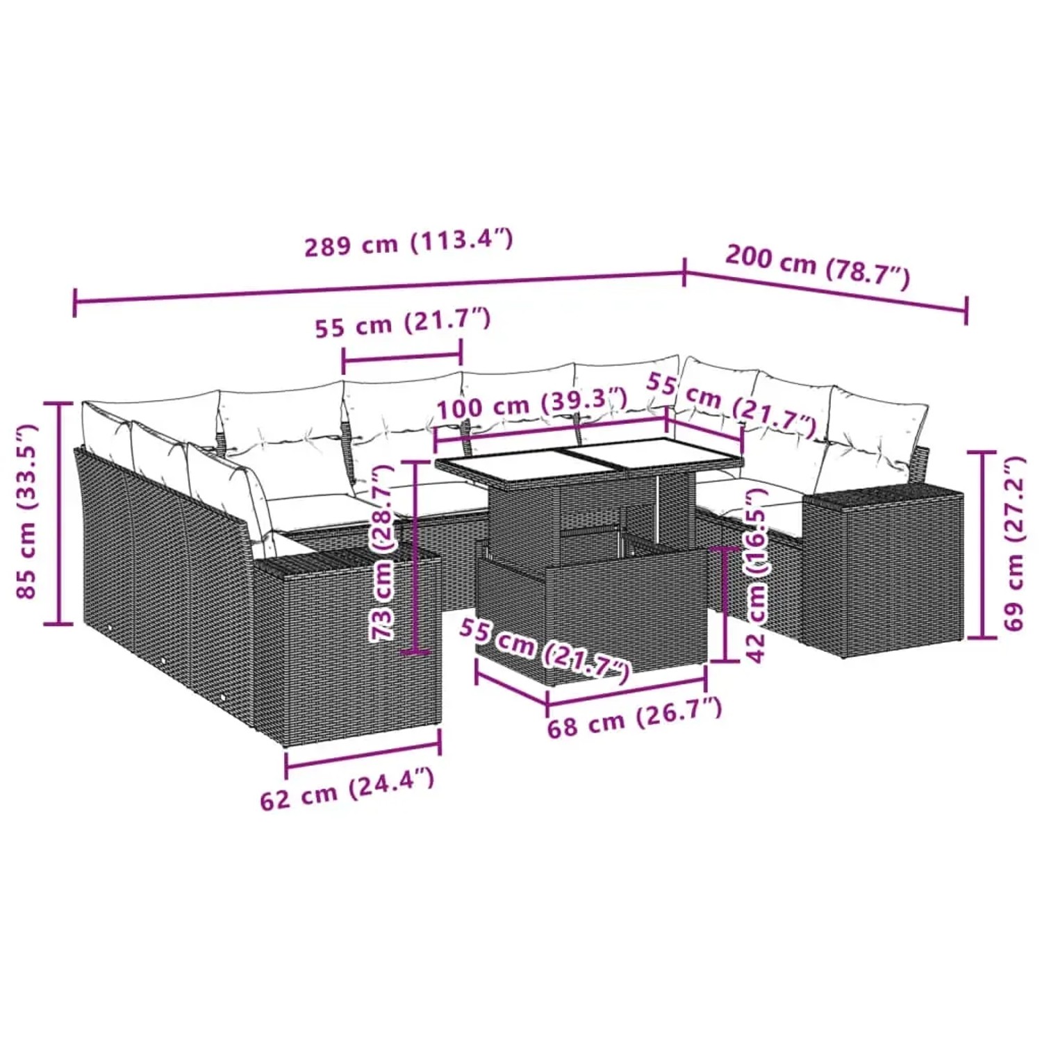 Schwarze 10-tlg. vidaXL Garten-Sofagarnitur aus Polyrattan mit Tisch und Kissen.