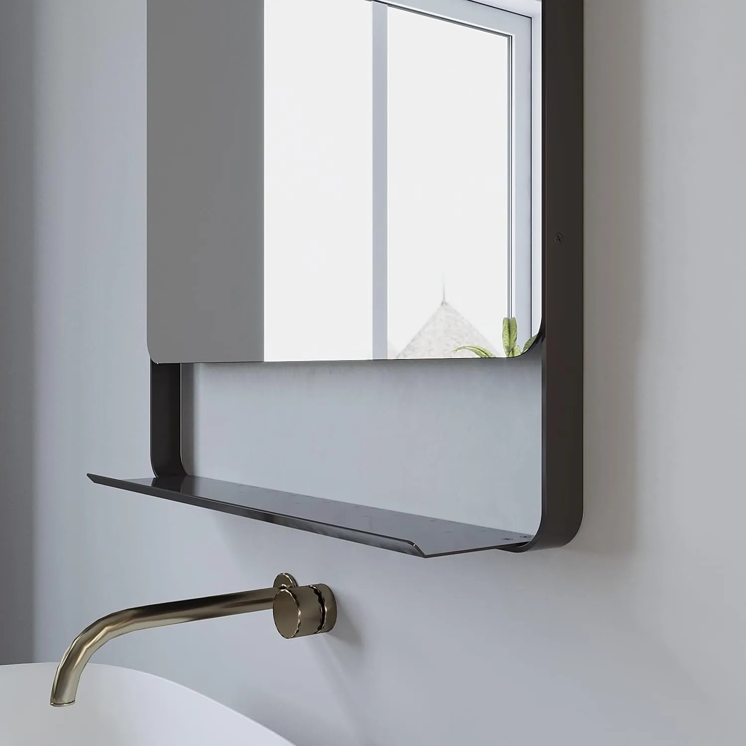 Rechteckiger Aquabatos Badspiegel (60x80 cm) mit Ablage, mattschwarzer Aluminiumrahmen, Wandmontage.