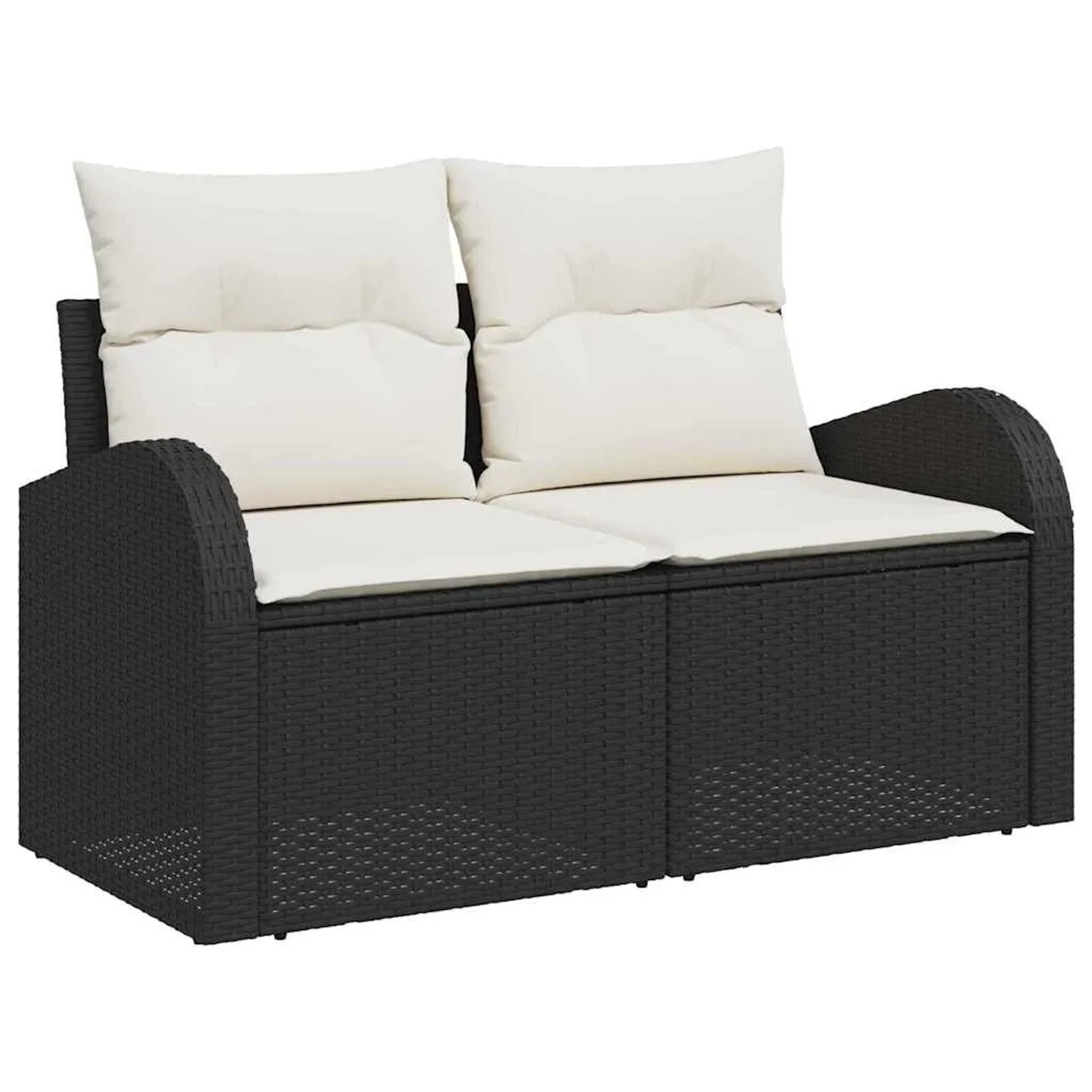 Schwarzes 6-tlg. vidaXL Garten-Sofa-Set aus Poly Rattan mit weißen Kissen.