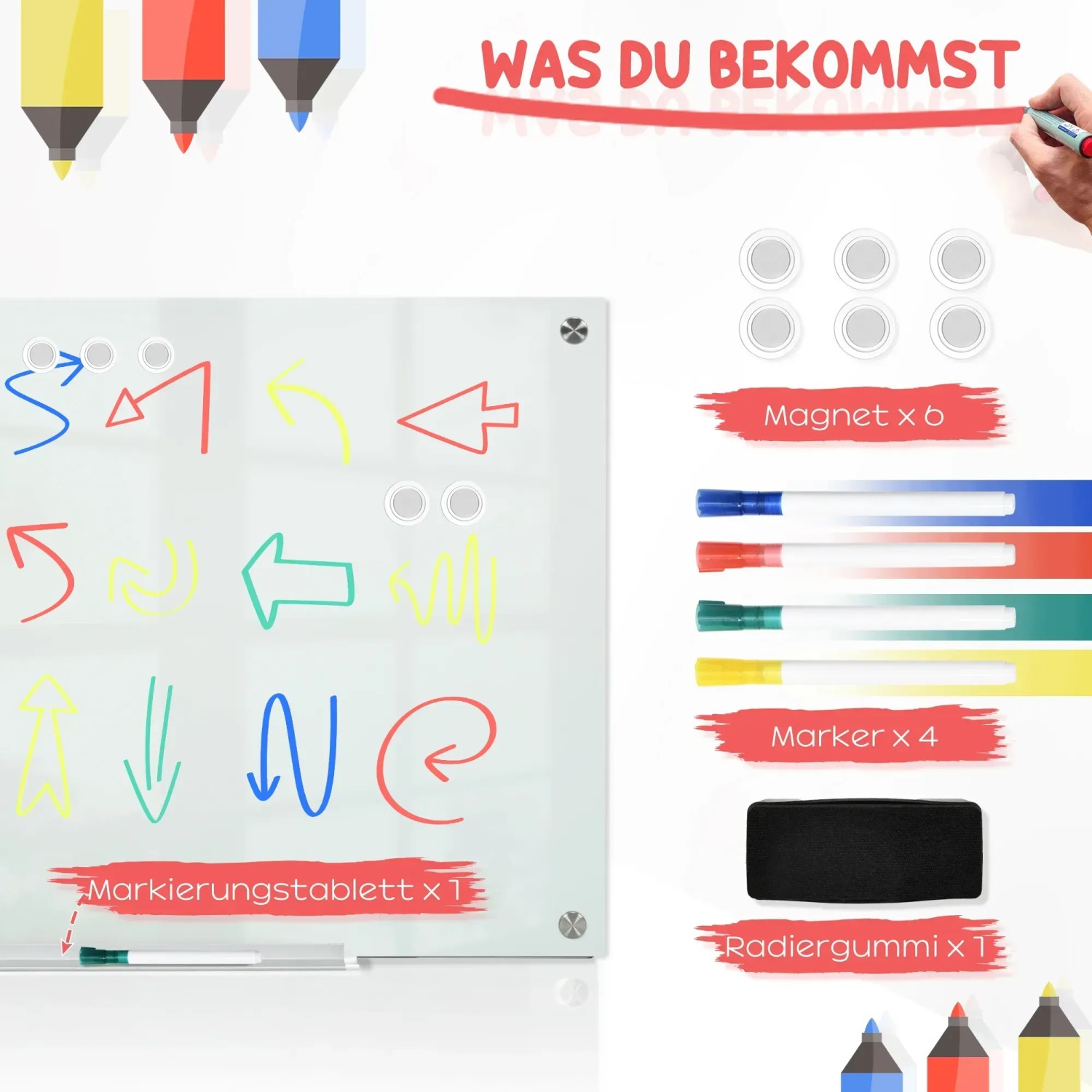 Vinsetto Whiteboard Set: Glasboard mit Stiften, Magneten und Schwamm für Büro und mehr.