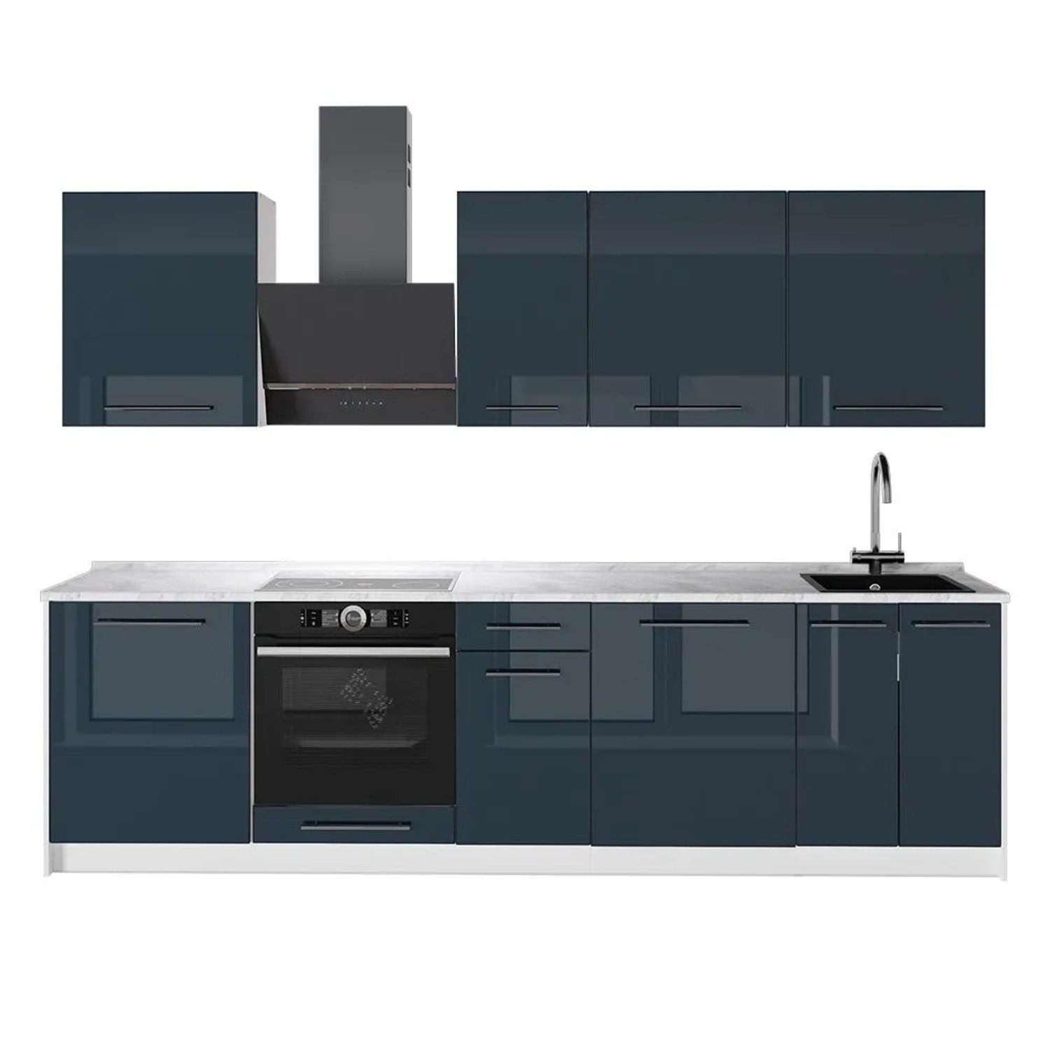 Vicco Küchenzeile Fame-Line Dunkelblau Hochglanz/Weiß 280 x 82 AP Marmor Art Nr 64235