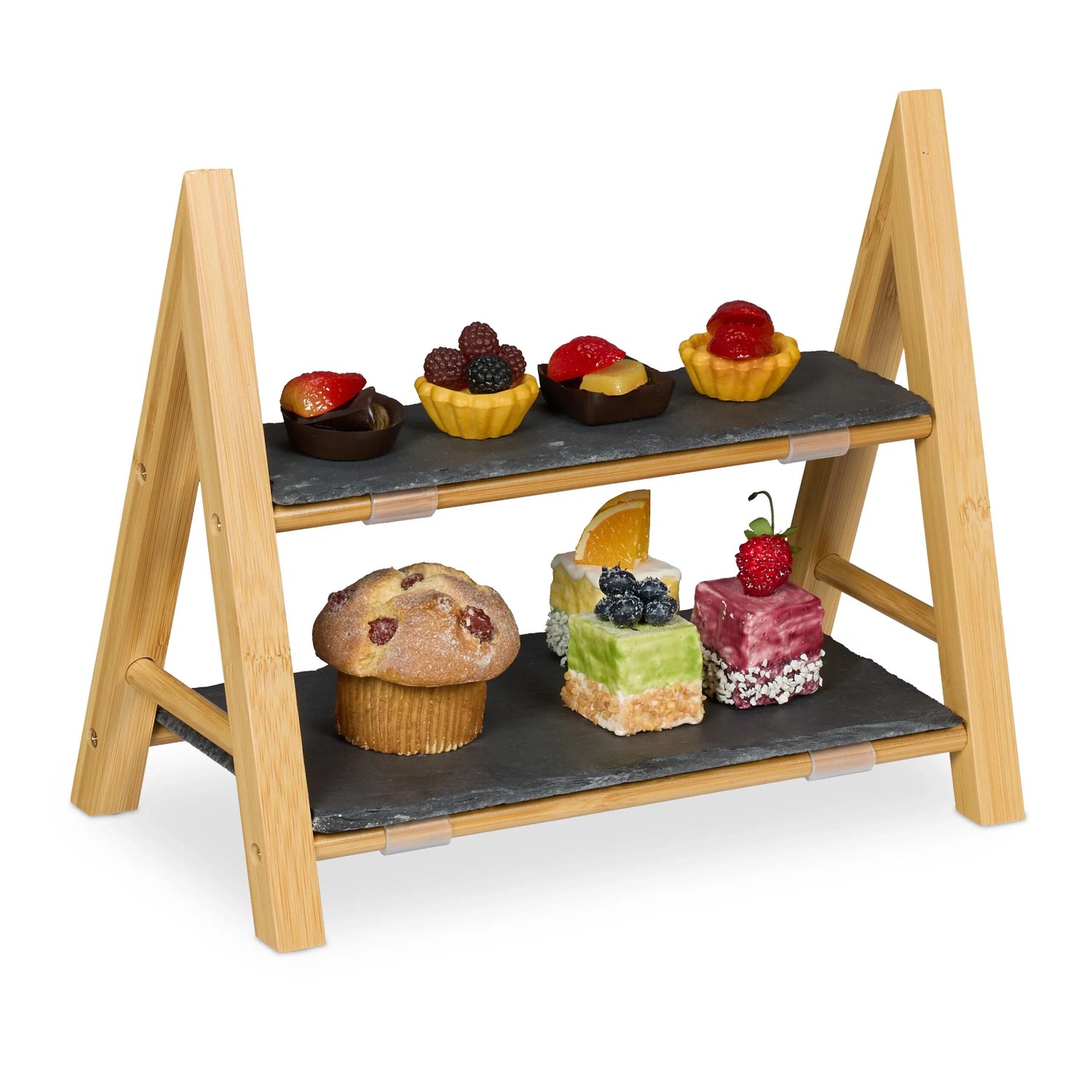 Relaxdays Etagere Bambus Schiefer Natur Zweistöckig 27 cm x 32 cm x 17 cm 1,2 kg
