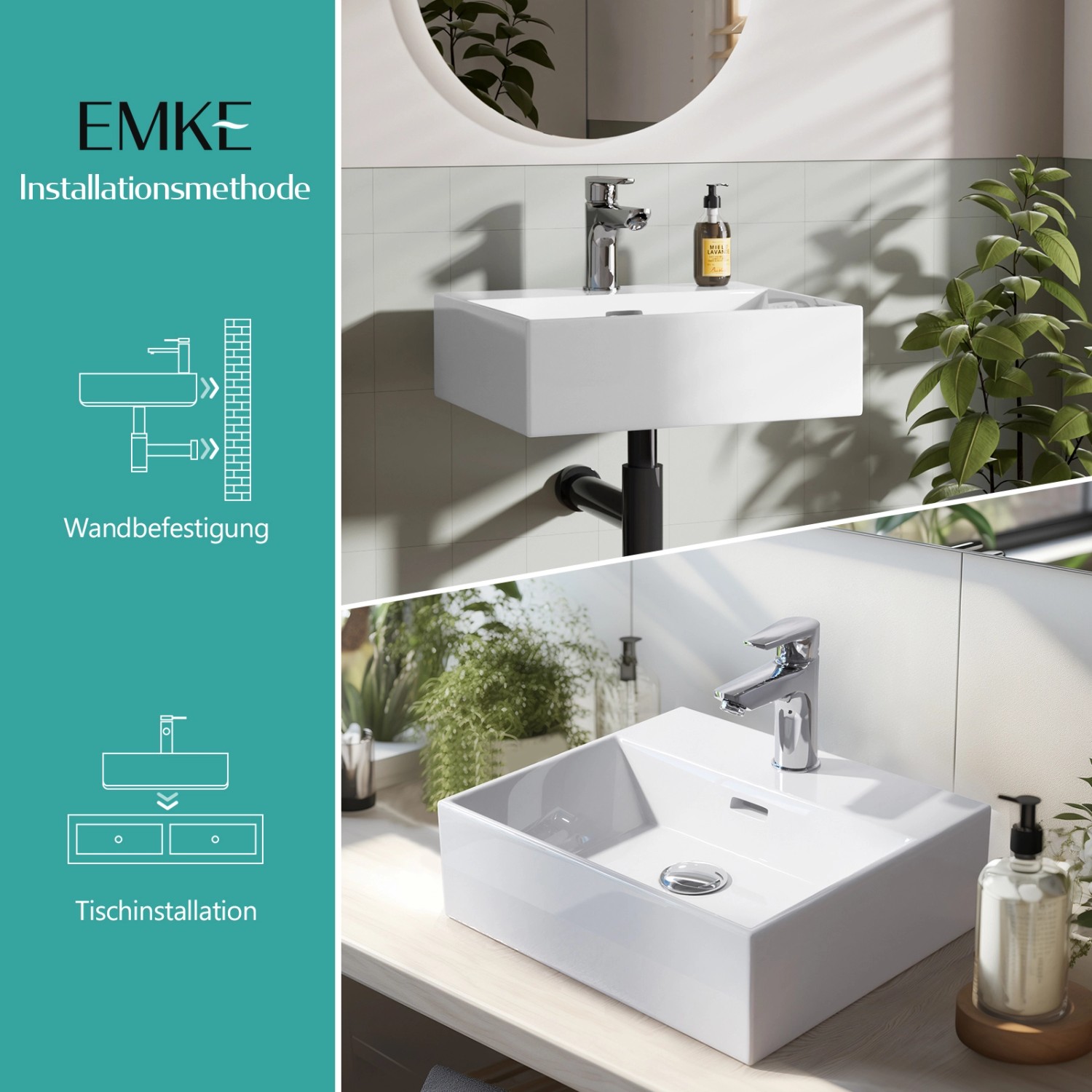 Emke Handwaschbecken, Keramik Aufsatz- oder Wandmontage, weiß, mit Hahnloch.