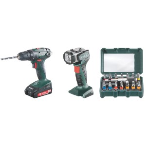 Metabo Akku-Bohrschrauber BS 18 Solo mit Lampe und Bit-Set im Koffer.