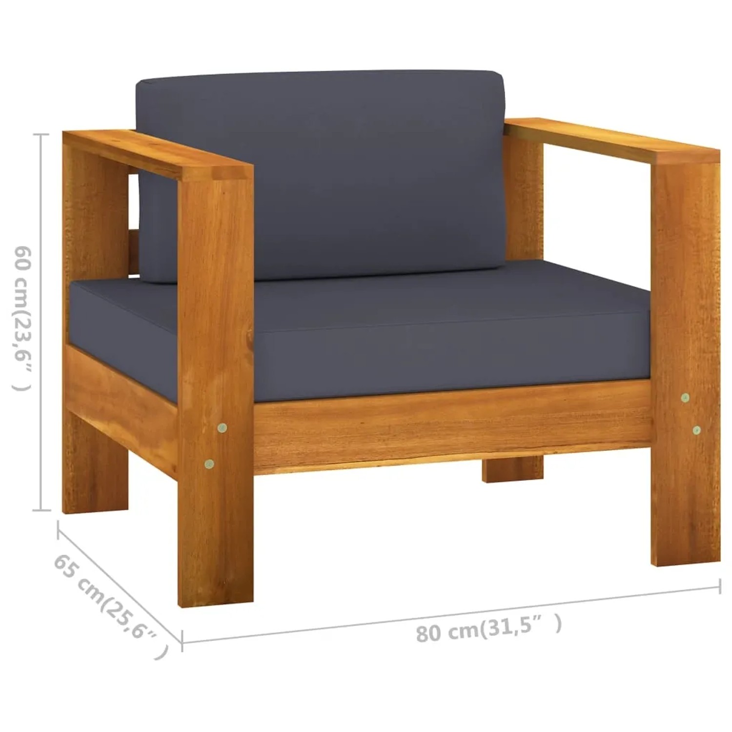 Sessel aus Akazienholz mit dunkelgrauen Auflagen, Teil des vidaXL Garten-Lounge-Sets.
