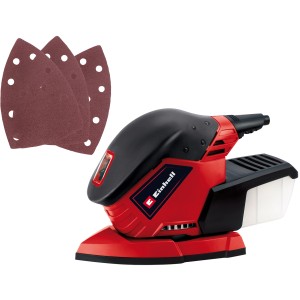 Einhell Multischleifer TE-OS 1320 mit Schleifpapier und Staubfangbox.