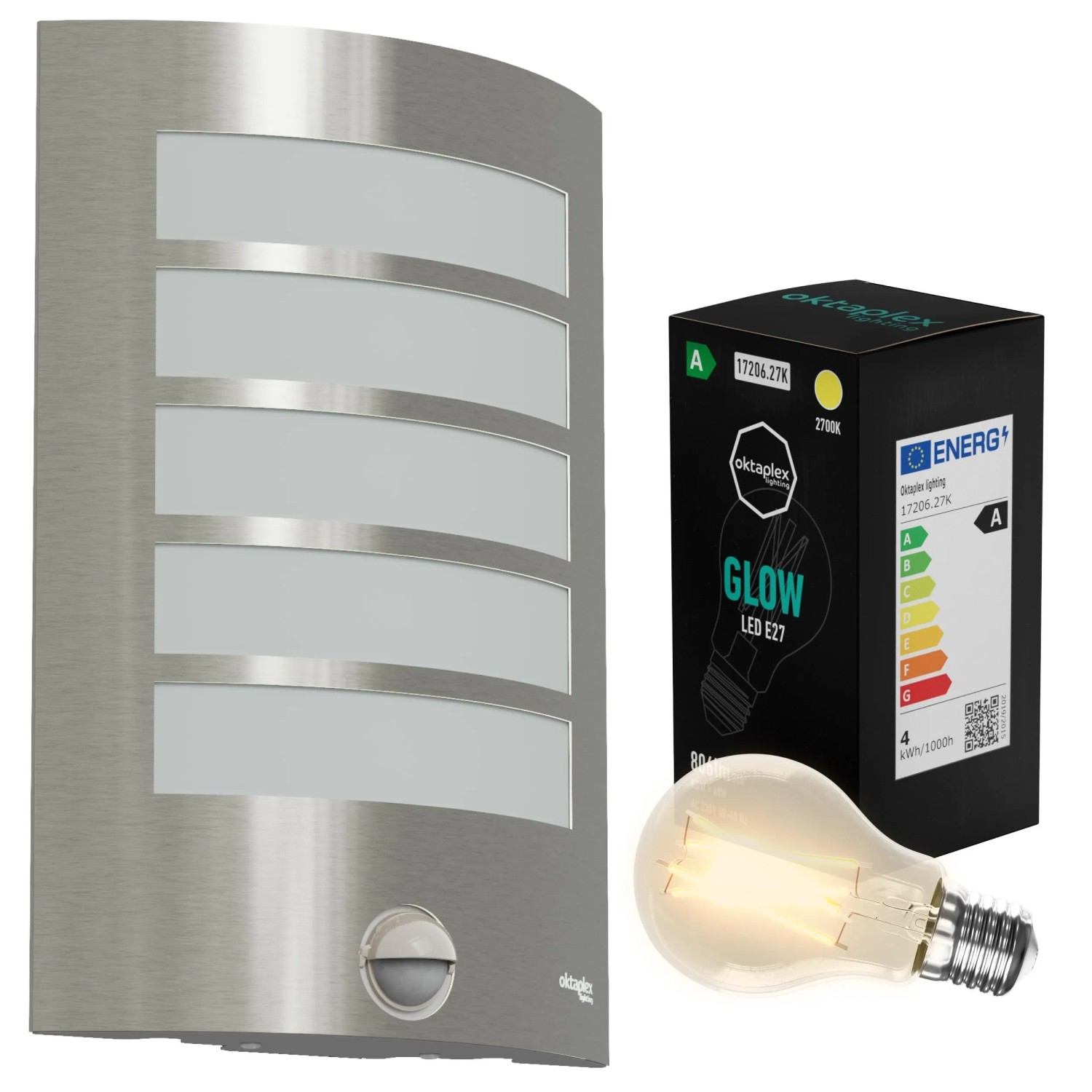 Oktaplex Alto Motion Edelstahl-Außenleuchte mit Bewegungsmelder inkl. LED-Lampe E27 Warmweiß 2700K IP44 Silber