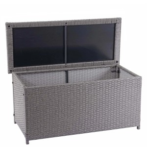 Geöffnete graue Poly-Rattan Kissenbox D88 320l Basic. Aufbewahrungsbox für Gartenmöbel.