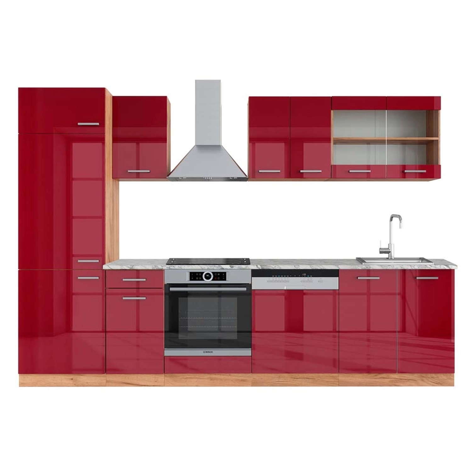Vicco R-Line Küchenzeile Bordeaux Hochglanz/Goldkraft Eiche 300 cm AP Marmo günstig online kaufen