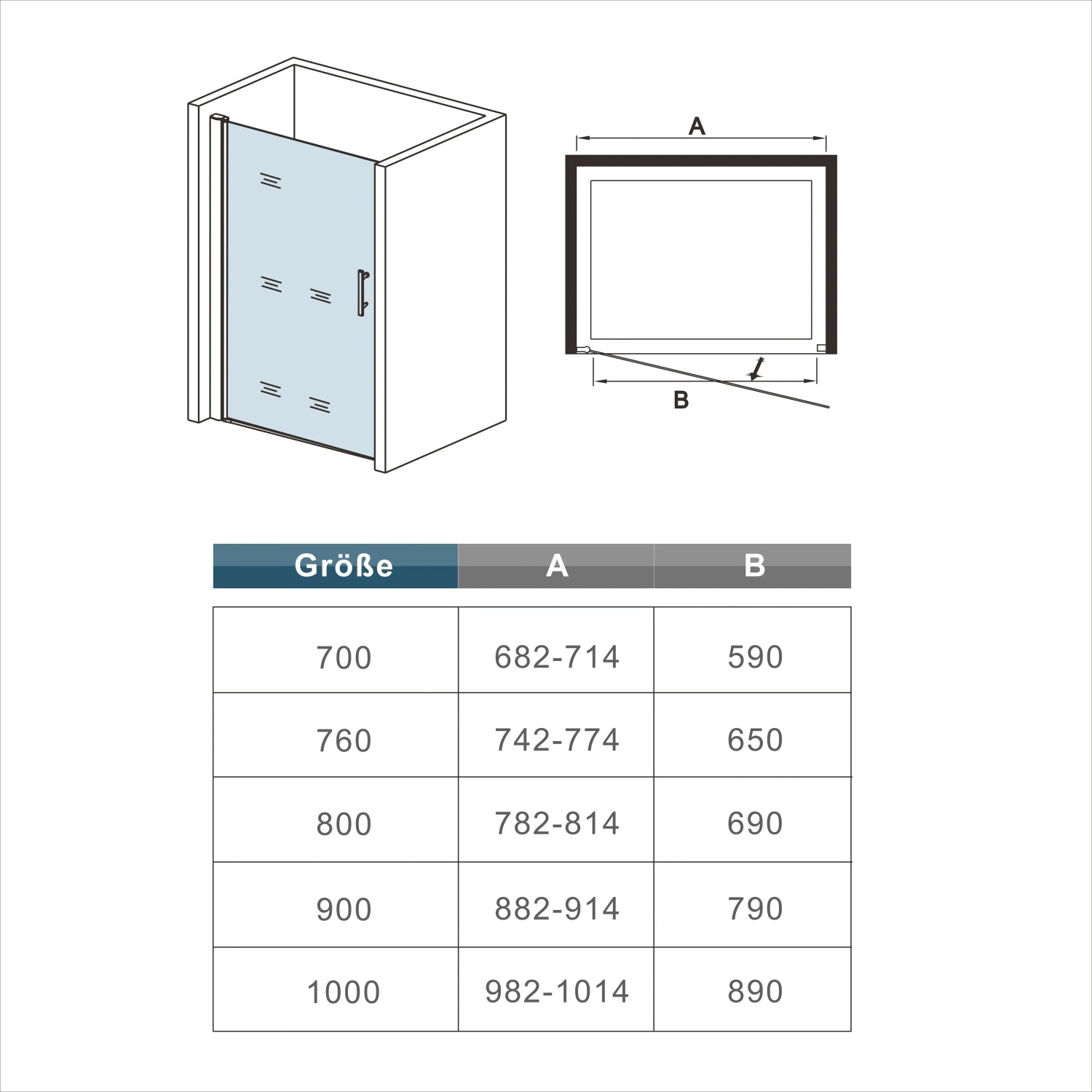 Skizze einer AICA Nischentür 90x195cm für Dusche mit Schwingtür aus 6mm ESG Glas.