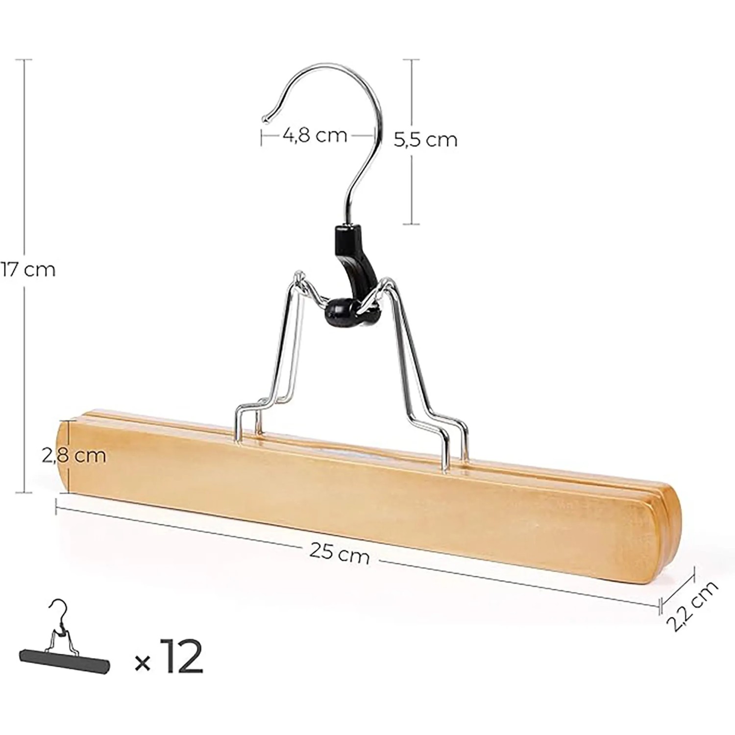 Songmics Hosenspanner-Set, 12-teilig, Naturholz mit verchromtem Haken, für knitterfreie Hosen.