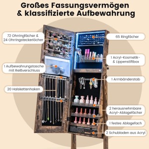 Costway Schmuckschrank mit Spiegel & 3-Farbigen Led Rustikales Braun